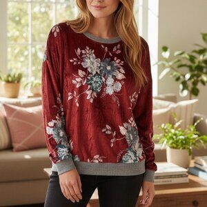 NWT Crescent Drive Burgundy Crushed Velvet Floral Top Romantic Soft Size 3X